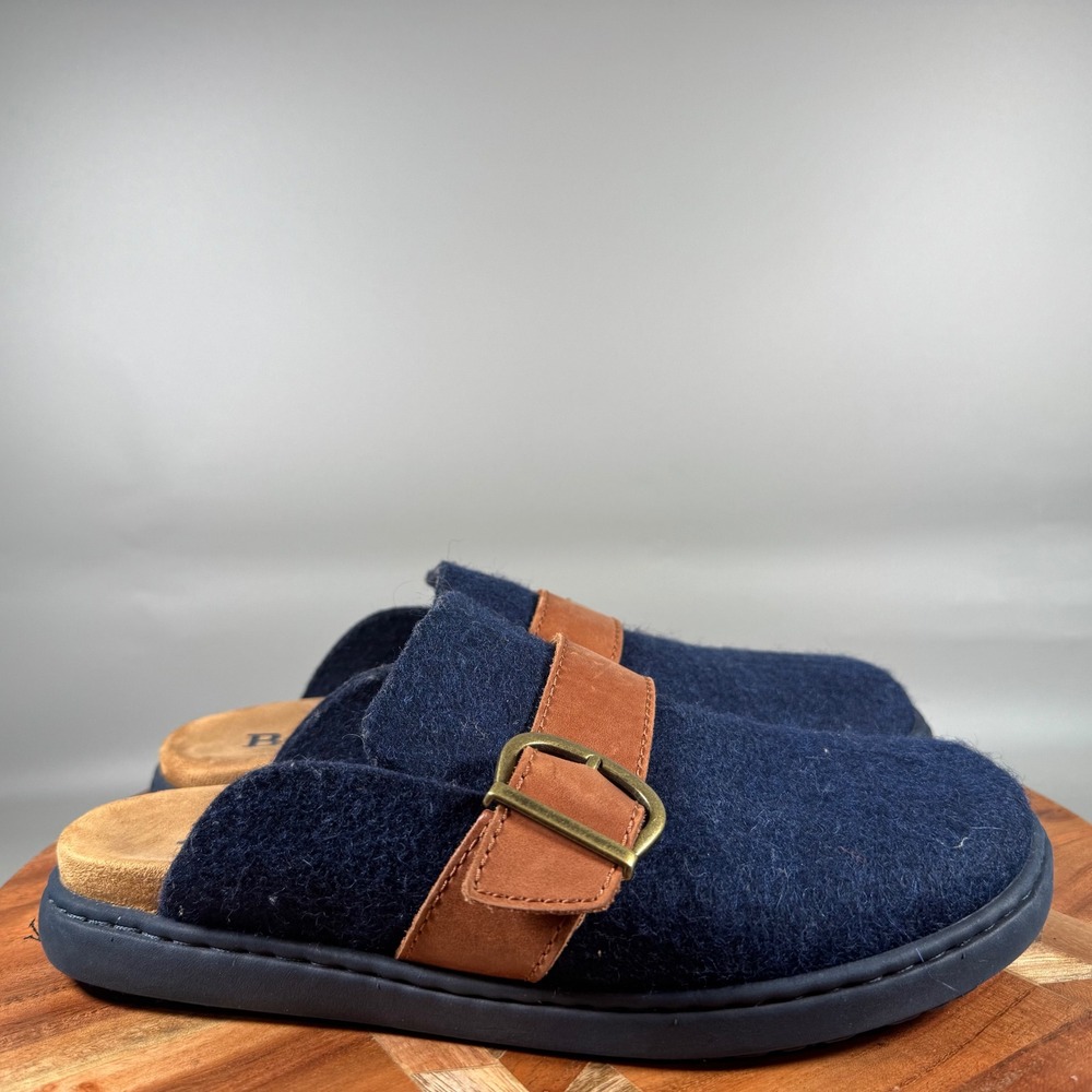 Born Navy Blue Wool Felt Buckle Clog Slippers Womens 8 Flat Mules Shoes